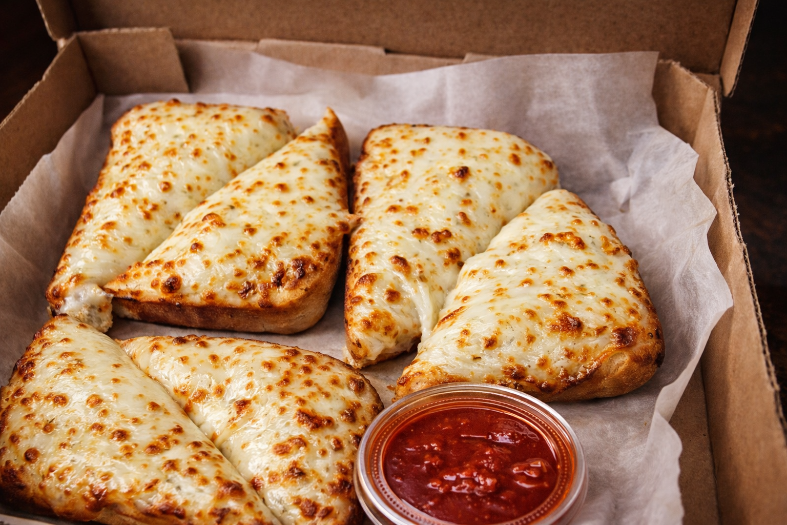 Pizza King cheese bread served with marinara dipping sauce
